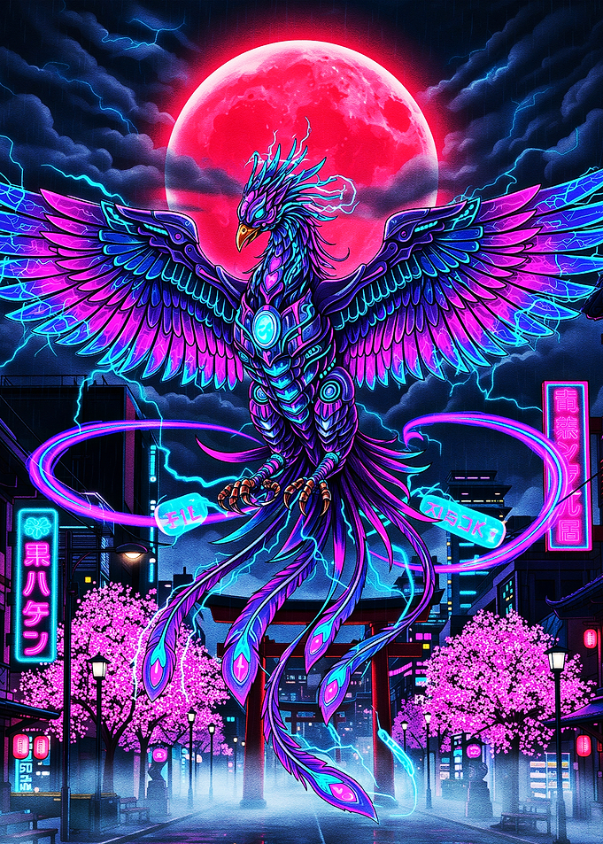 Cyberpunk Phoenix Over Neon City
