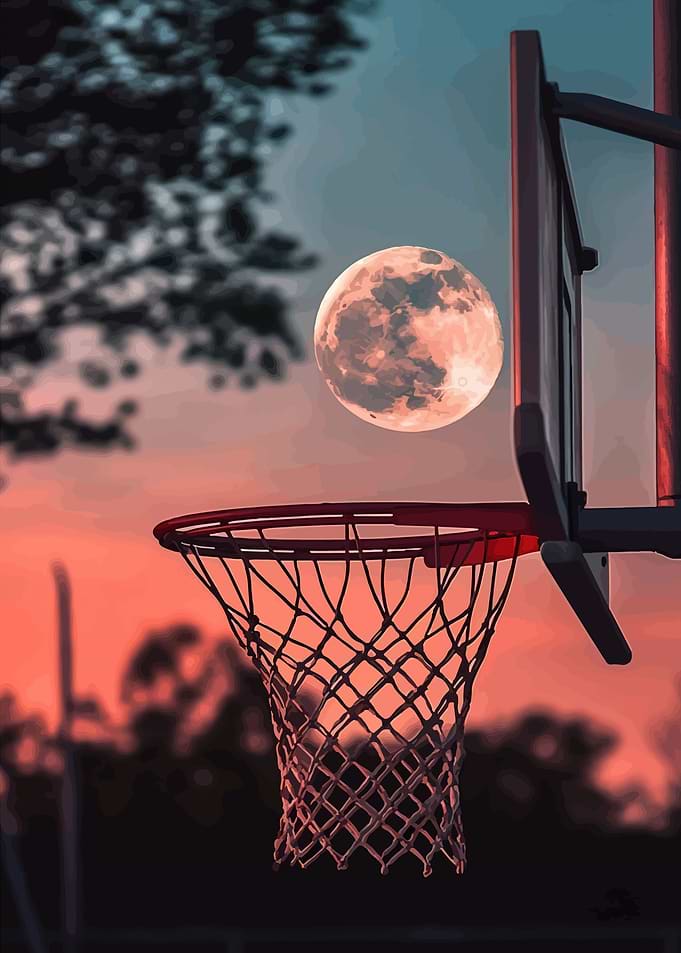 Basketball Hoop Under a Full Moon