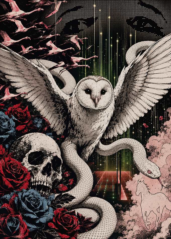 Mystical Owl and Snake with Skull and Roses