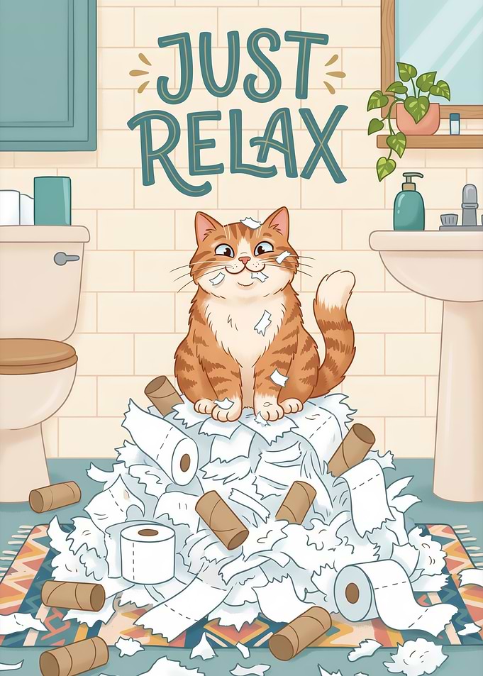 Cat sitting on toilet paper mess
