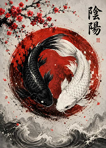 Yin Yang Koi Fish and Cherry Blossoms