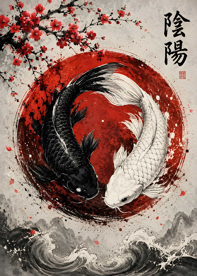 Yin Yang Koi Fish and Cherry Blossoms