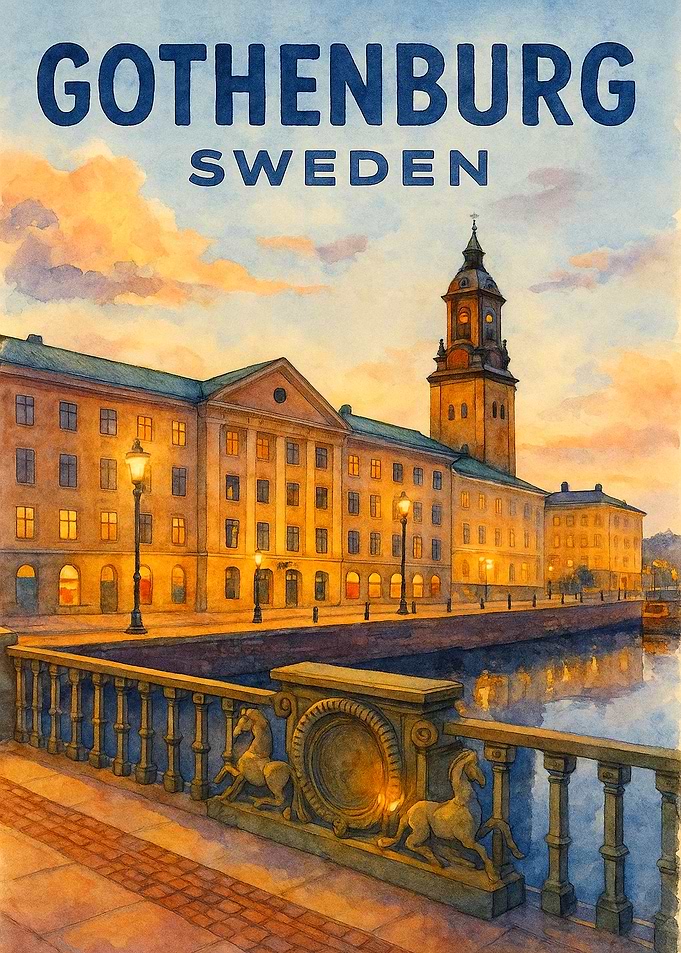 Gothenburg Sweden Vintage Travel Poster | Watercolor Canal City Wall Art