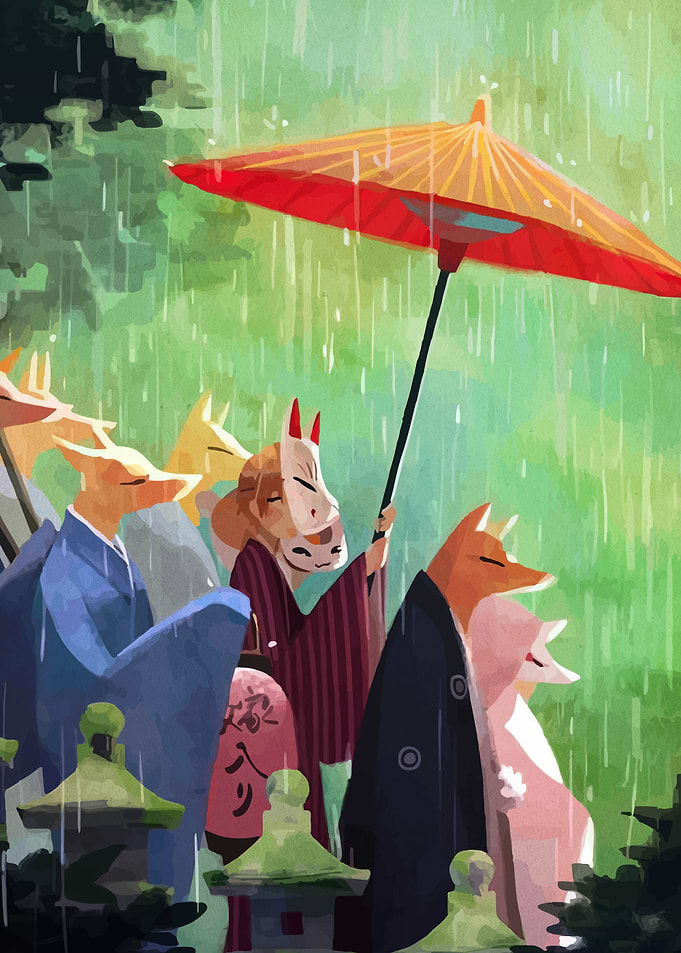 Fox spirits in the rain