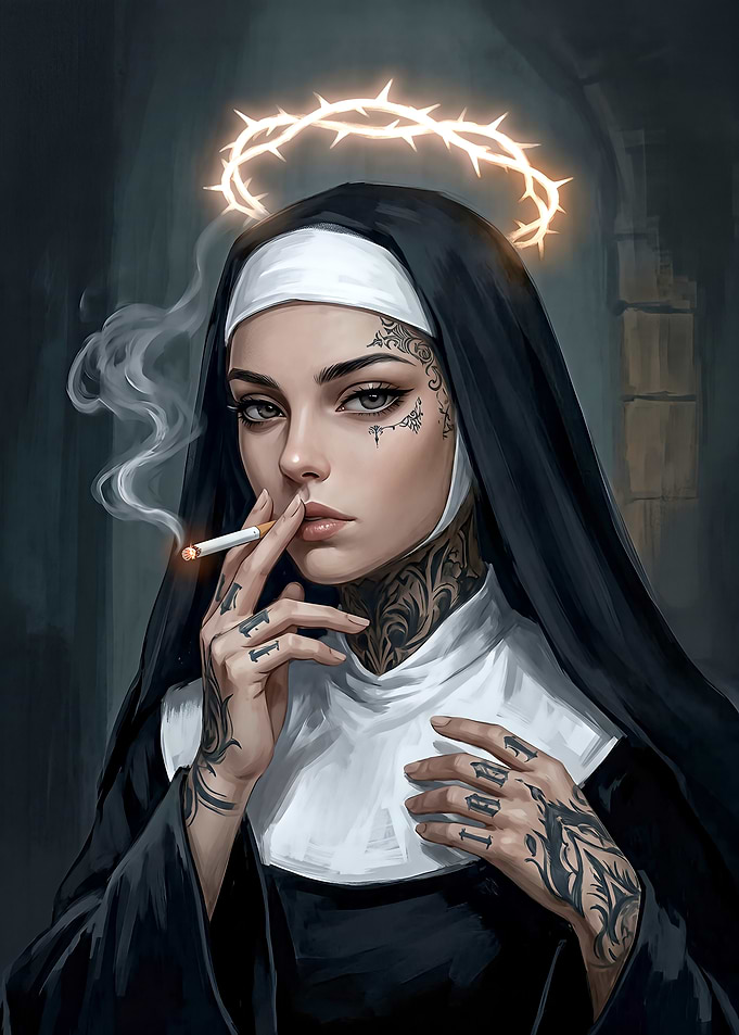 Tattooed Nun Smoking with Crown of Thorns Halo