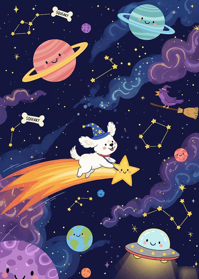 Cute Dog Riding a Shooting Star