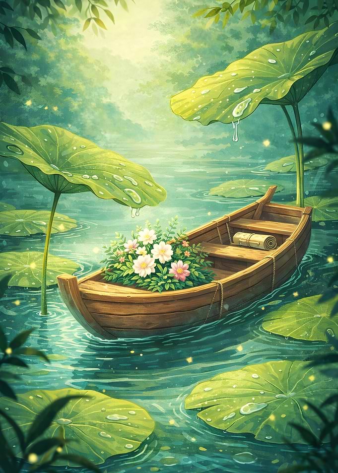 Wooden Boat with Flowers on a Tranquil Green Pond