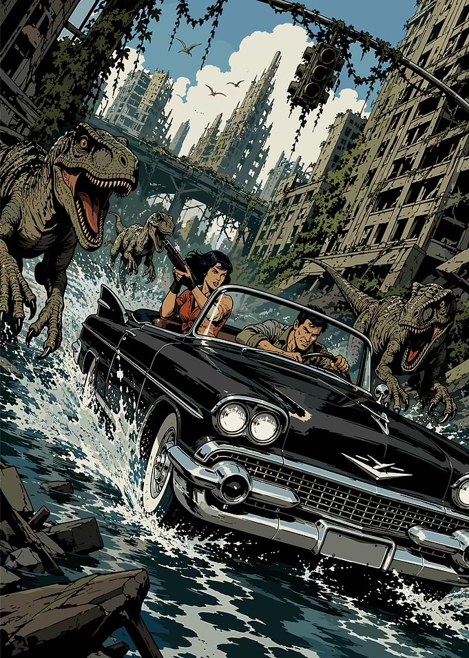 Dinosaurs chase car in ruined city