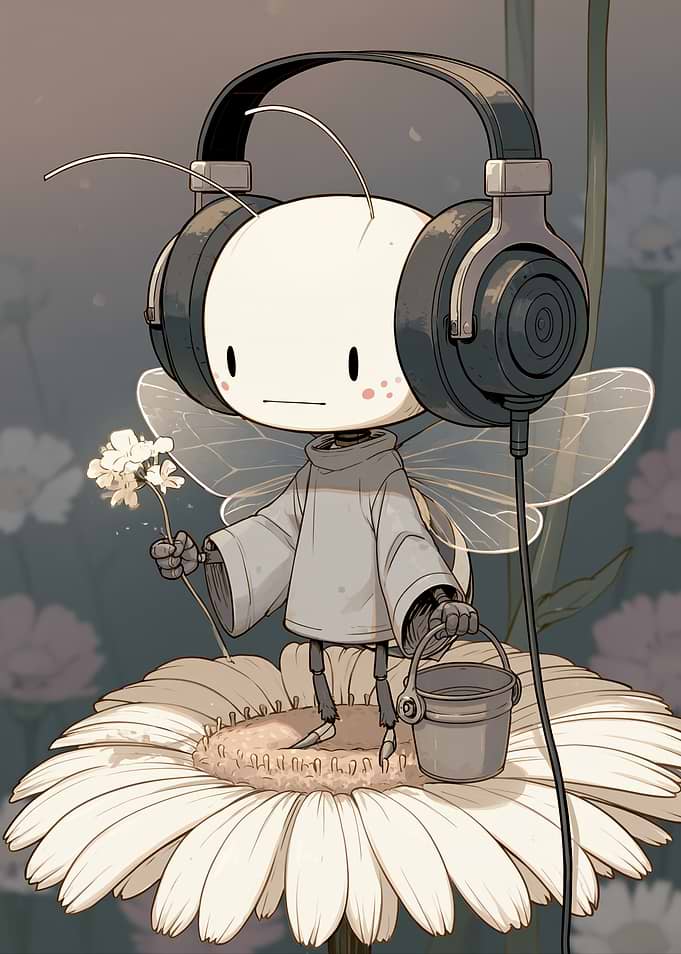 Cute Bug with Headphones on a Flower
