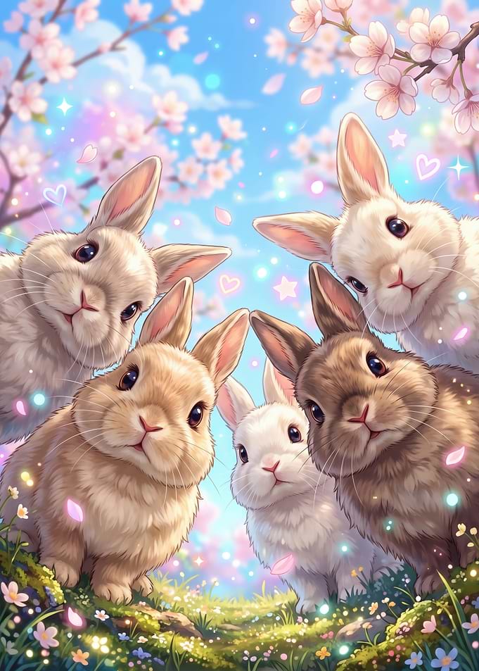 Cute Bunnies Under Cherry Blossoms