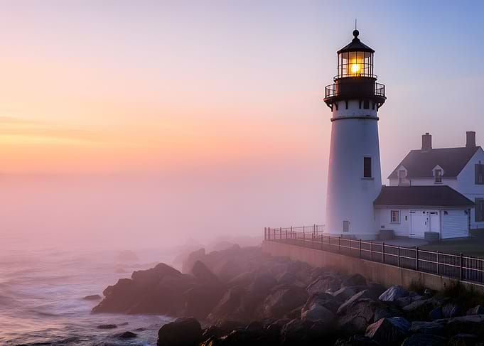 Lighthouse at Sunrise with Fog