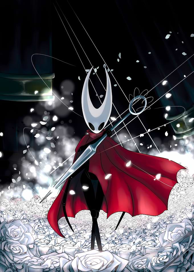 Hornet from Hollow Knight surrounded by roses