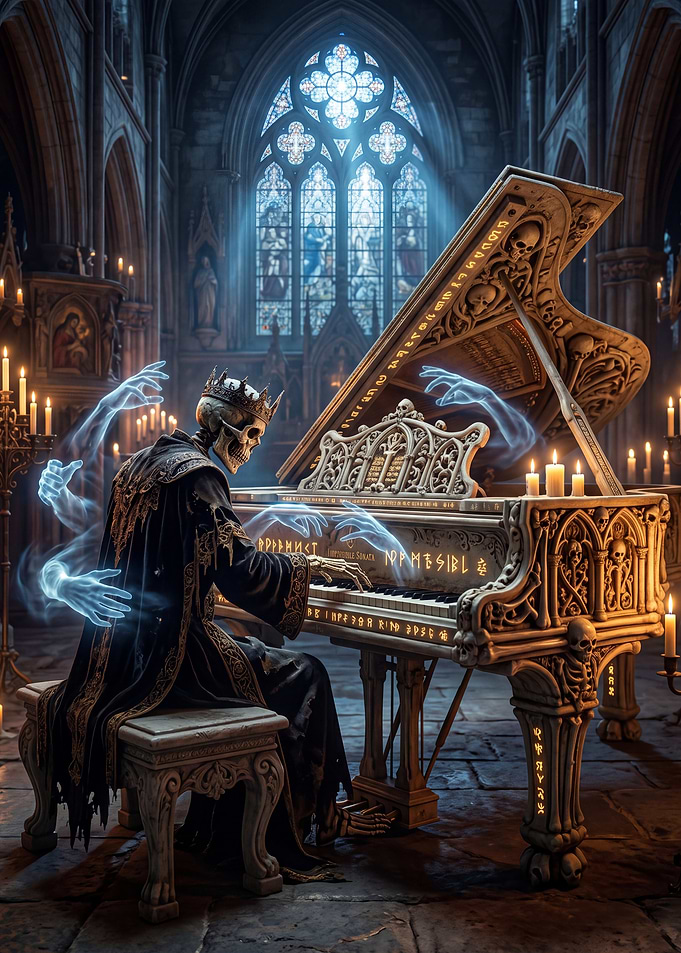 Skeleton King Playing Piano with Ghostly Hands