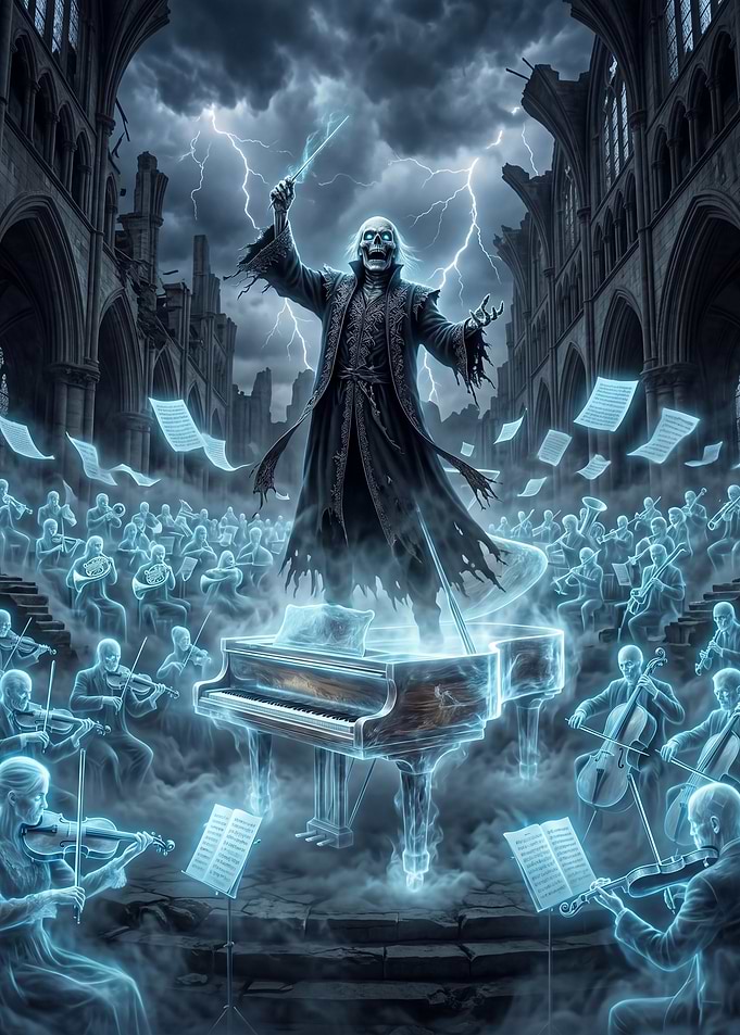 Skeleton Conductor Orchestrates Ghostly Symphony