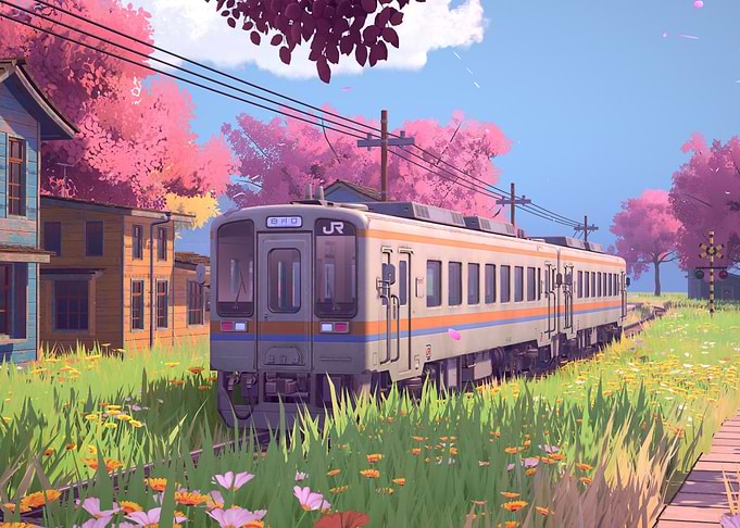 Train in a field of flowers