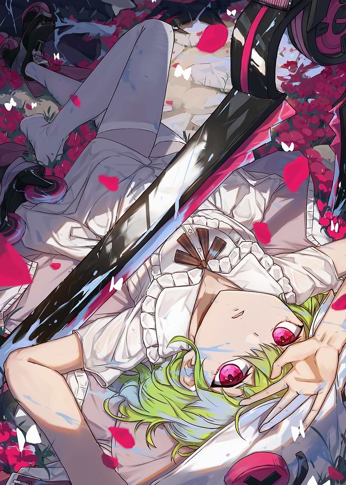 Anime Girl with Green Hair and Pink Eyes
