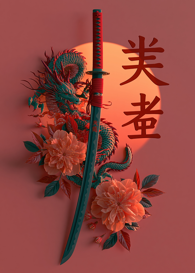 Katana Dragon and Peonies