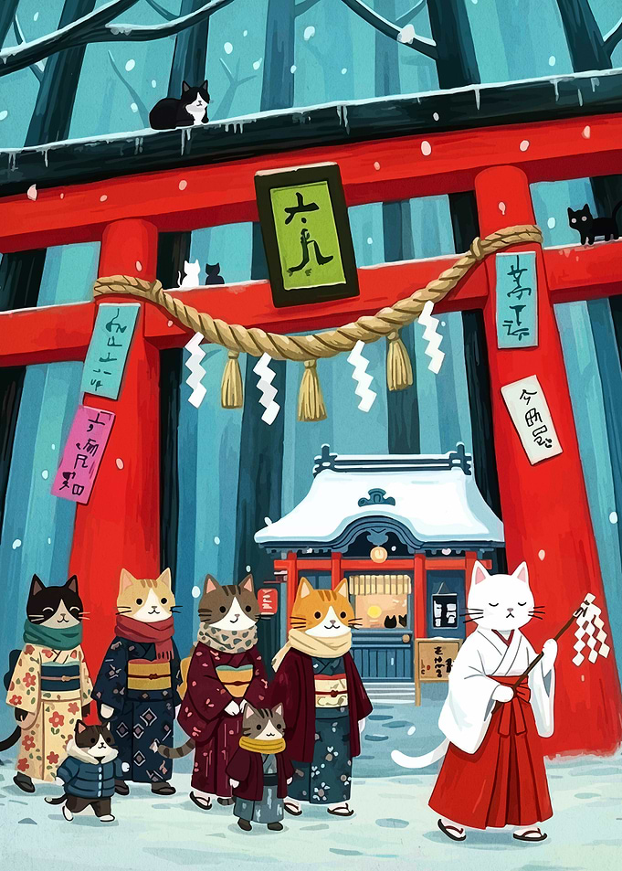 Cats in Kimonos at a Shrine