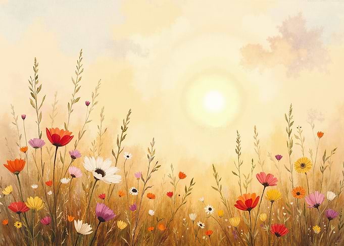 Watercolor Meadow with Sun