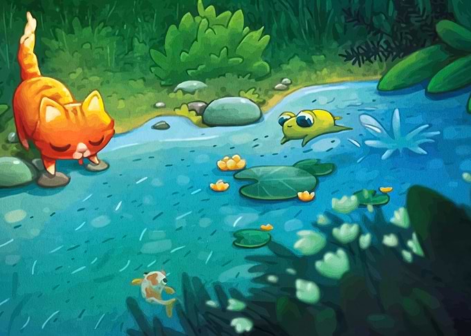Cute Cat and Frog by a Pond