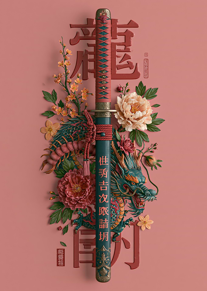 Dragon and Katana with Flowers