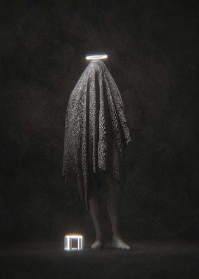 Mysterious Figure with Halo and Cube
