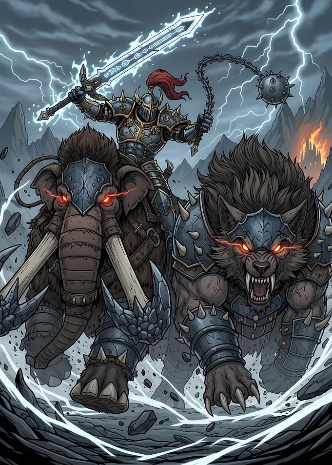 Knight Riding Mammoth and Wolf