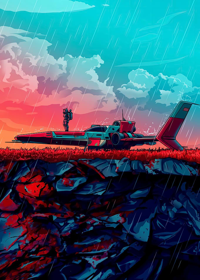 Astronaut and Spaceship in Alien Rain