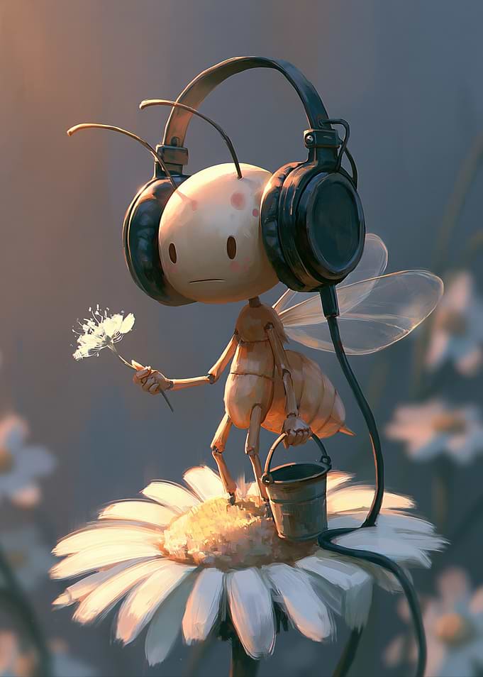 Cute Ant with Headphones on Daisy