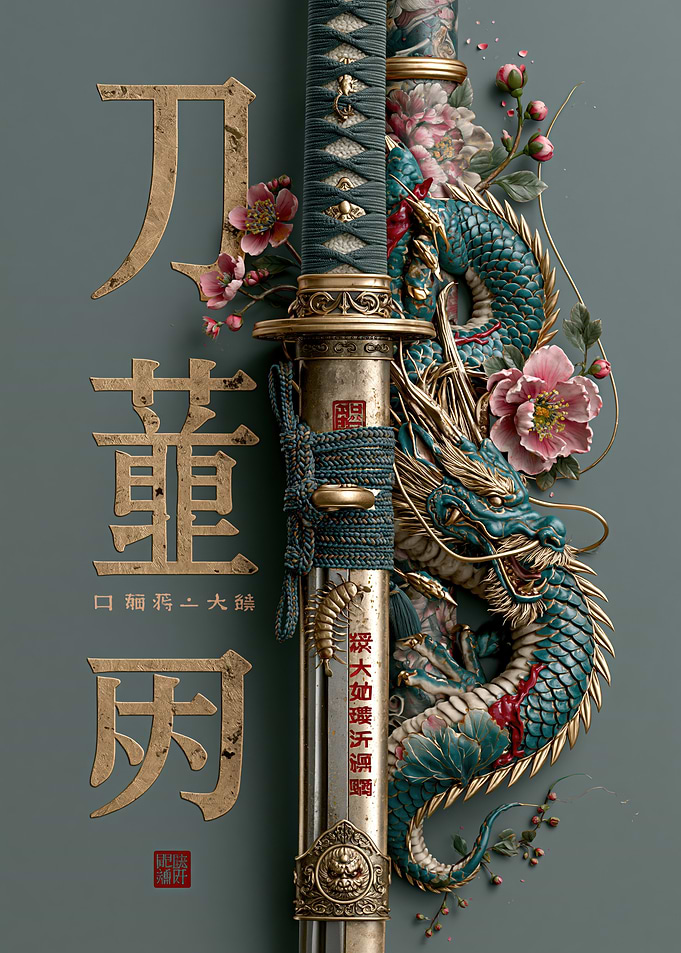 Dragon and Katana with Japanese Text
