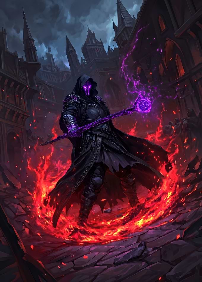 Dark Mage Conjuring Fire and Magic