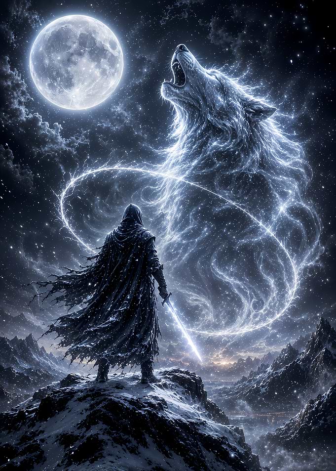 Fantasy Warrior and Spirit Wolf