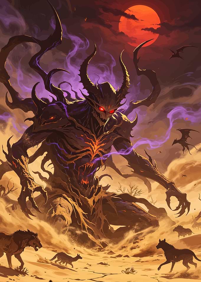 Demonic creature in a desert landscape