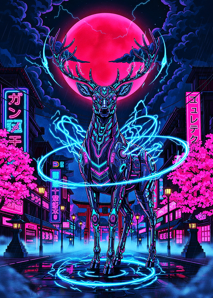 Cyberpunk Deer in Neon Japanese City