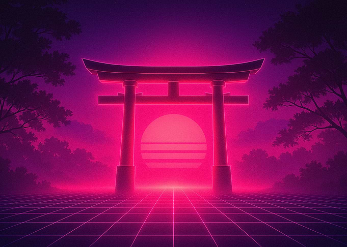 Neon Torii Gate Sunset Grid