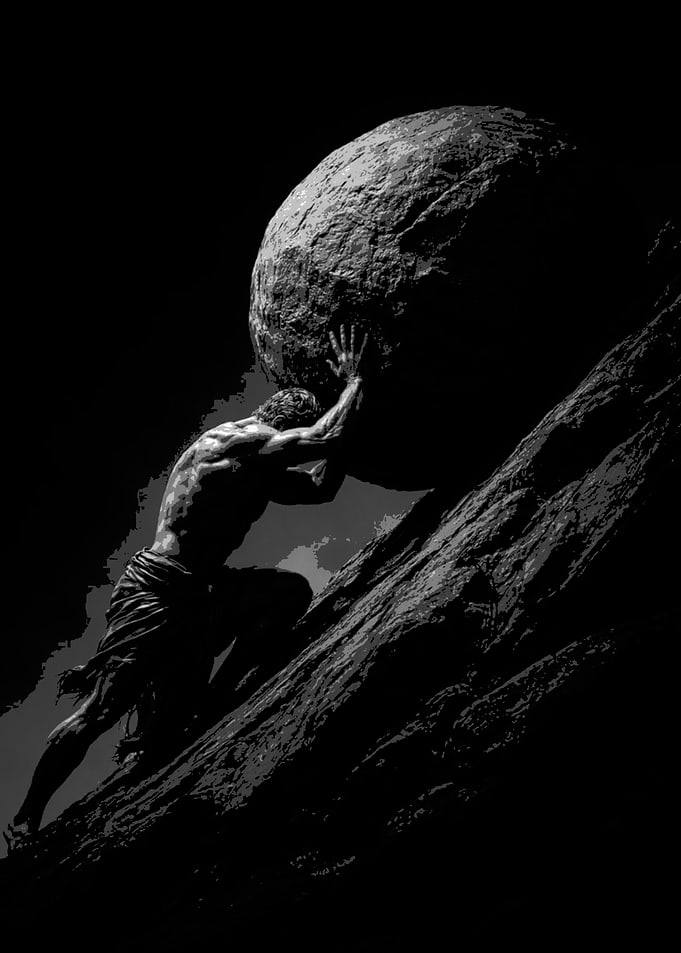 Man pushing boulder uphill