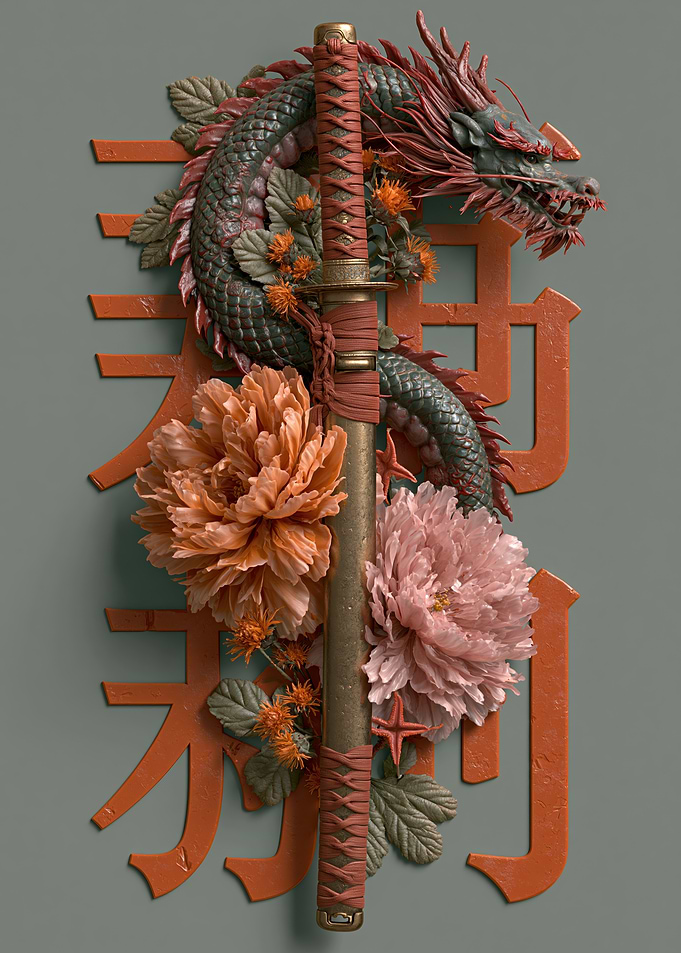 Dragon and Katana with Flowers