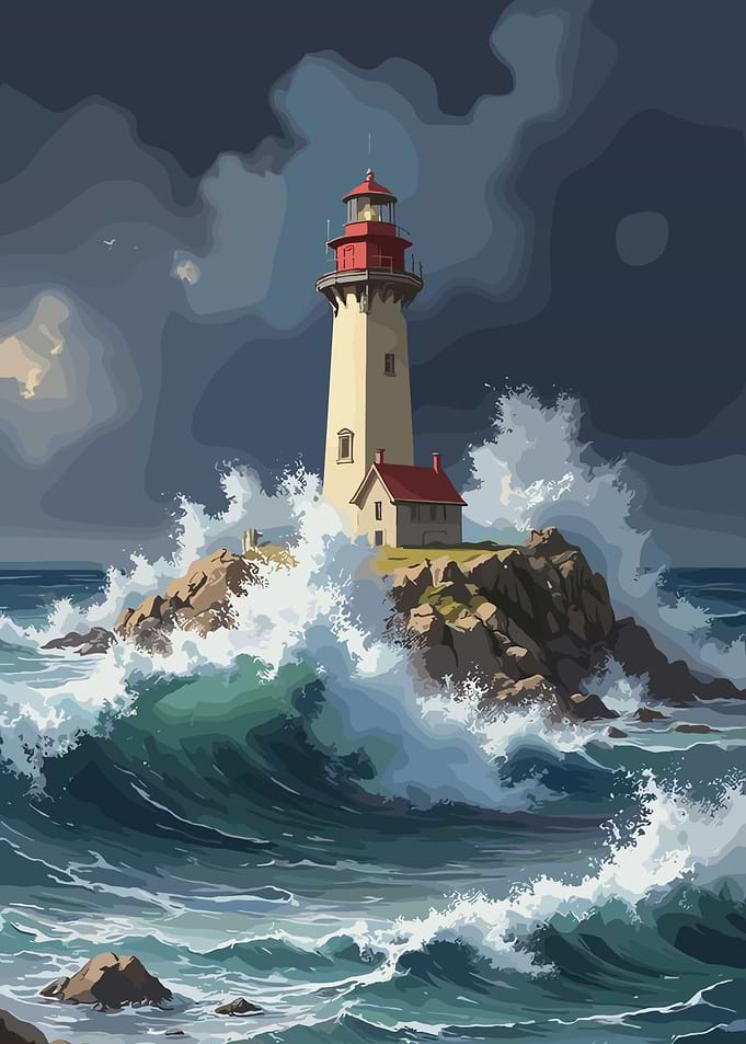 Lighthouse on Rocky Island in Stormy Seas