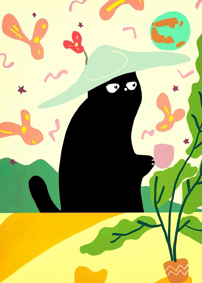 Black Cat in a Hat with Tea