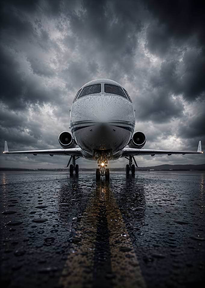 Private Jet on Wet Tarmac Under Stormy Skies