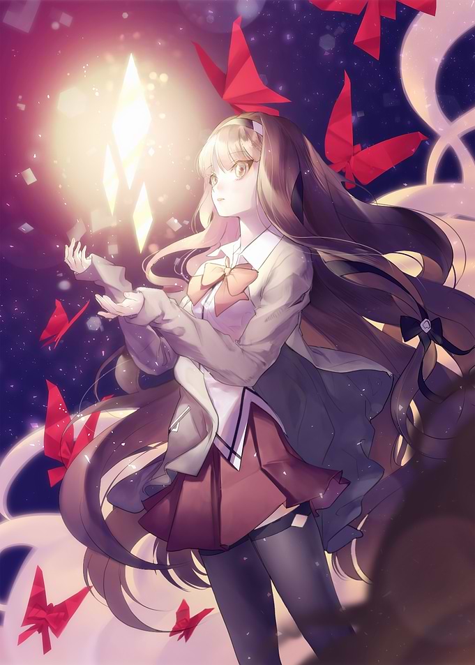 Anime Girl with Glowing Crystals and Origami Butterflies