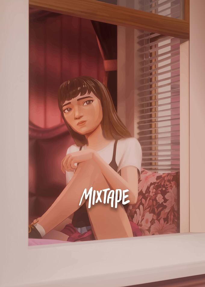 Girl sitting by the window with mixtape text