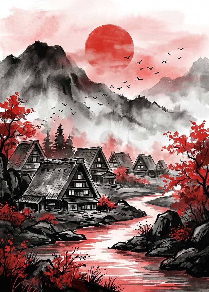 Japanese Village with Red Sun