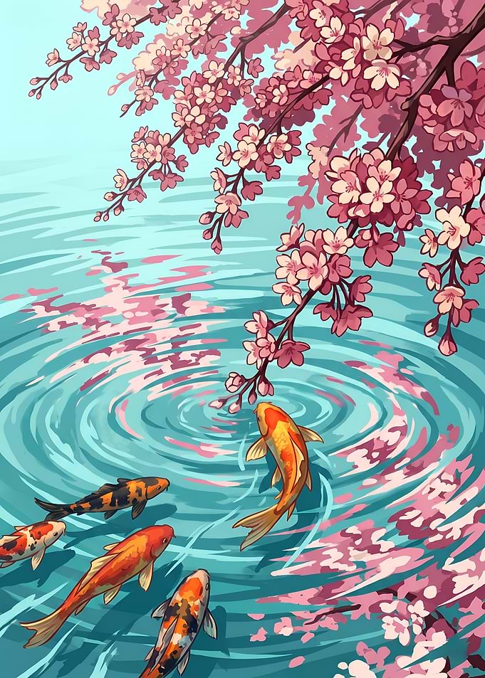 Koi Fish and Cherry Blossoms Water Garden