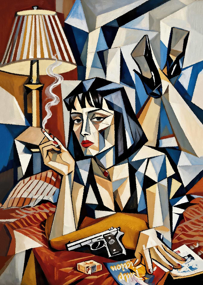 Cubist Painting of Mia Wallace Smoking