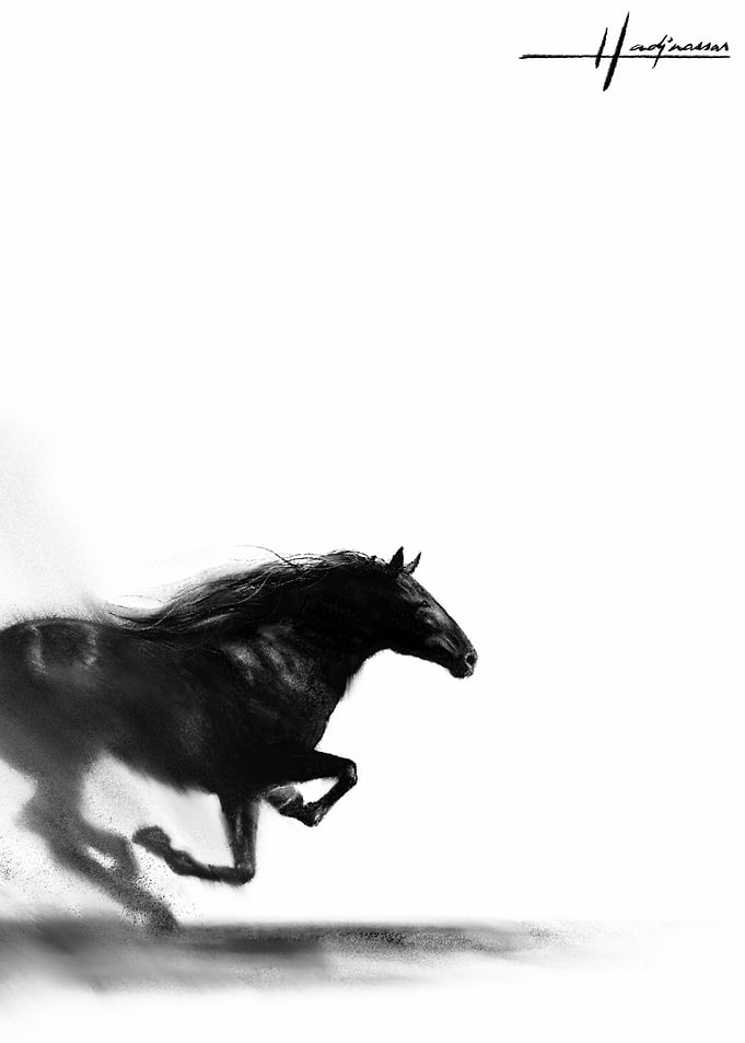 Black Horse Running in Dust