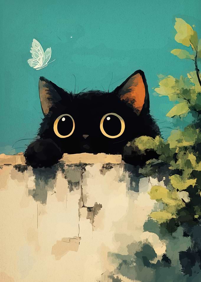 Cute Black Cat Peeking Over Wall