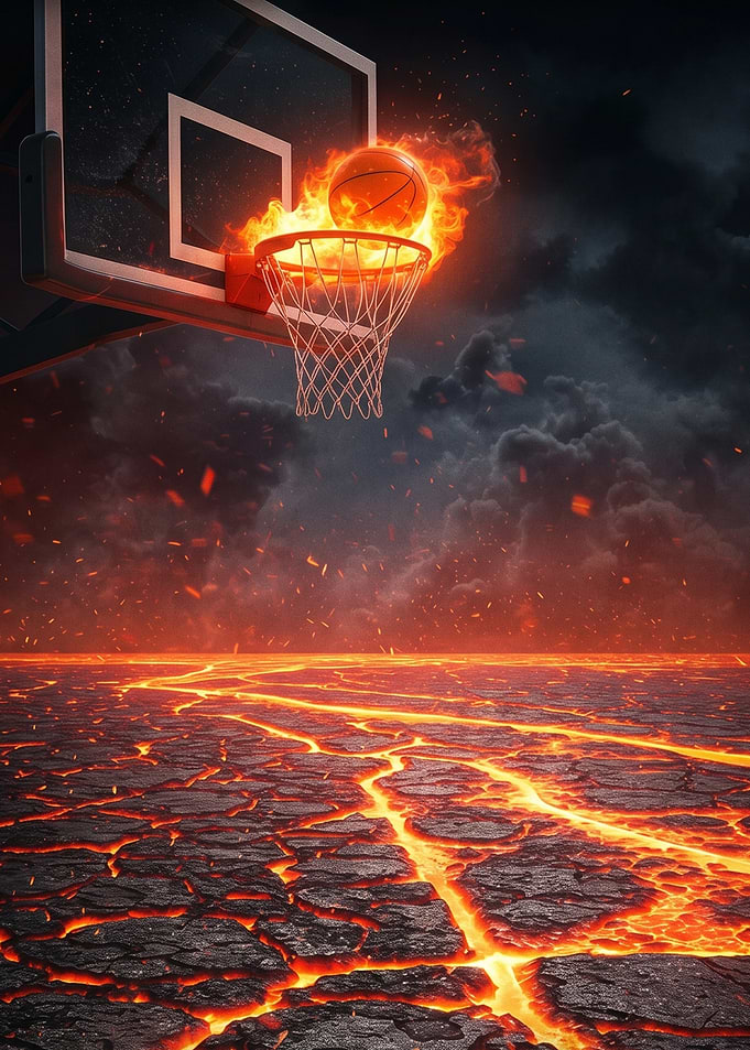 Basketball on Fire in Lava Landscape