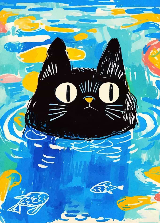 Black Cat in Water with Fish
