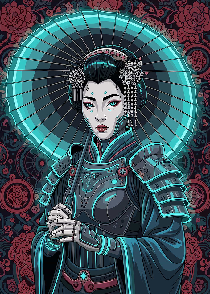 Cyberpunk Geisha with Umbrella